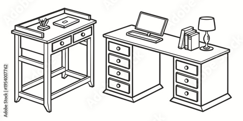 A comparison of two different styles of office desks with various features