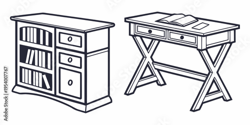 Vintage wooden bookcase and desk with intricate carvings and drawers