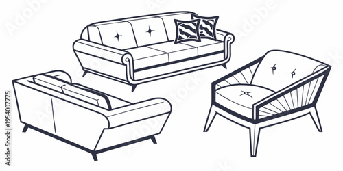 Minimalist furniture set including sofa, armchair, and ottoman