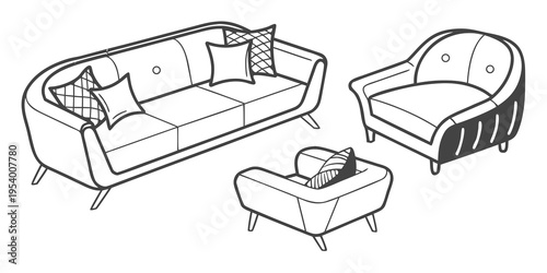 A modern living room set with a sofa, armchair, and ottoman