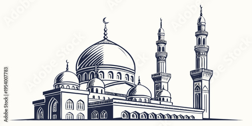 Intricate black and white illustration of an islamic mosque with domes and minarets