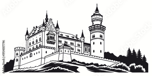 A majestic castle with a tall tower stands on a hill overlooking a serene landscape.