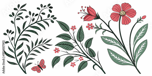 A vibrant and detailed illustration of various flowers and leaves in different shades of red and green