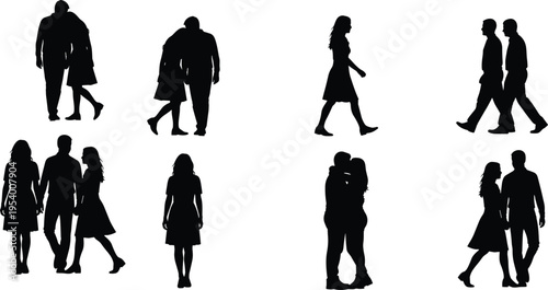 Vector illustration of people silhouettes walking, standing, embracing, human interaction poses, relational dynamics, body language design concept