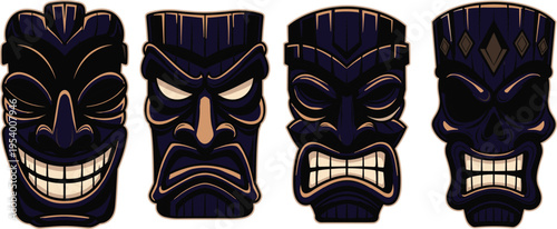 Vector illustration of tiki masks with varied facial expressions, Polynesian inspired art, cultural design, tribal decoration concept