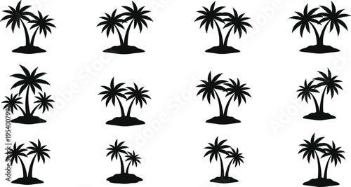 "Vector collection of tropical island silhouettes with palm trees arranged in decorative variations isolated on white background for vacation, beach, and design projects"