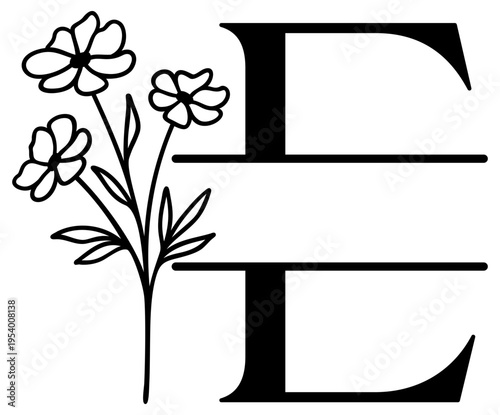 E Split Letter Border | Alphabet Monogram Frame | Decorative Vector Floral Design