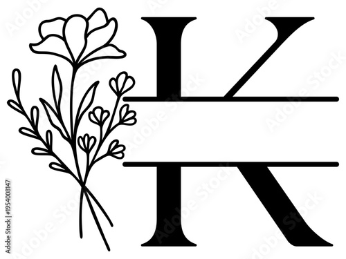 K Split Letter Border | Alphabet Monogram Frame | Decorative Vector Floral Design