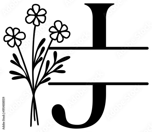 J Split Letter Border | Alphabet Monogram Frame | Decorative Vector Floral Design