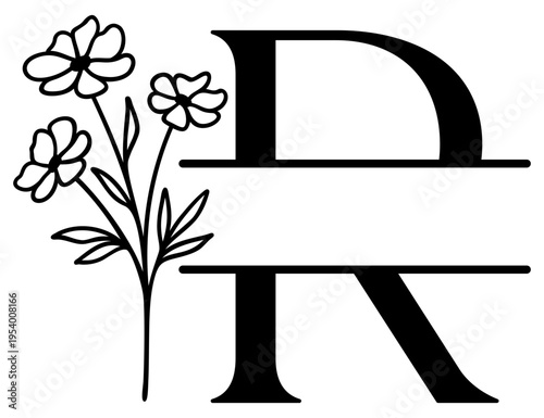 R Split Letter Border | Alphabet Monogram Frame | Decorative Vector Floral Design