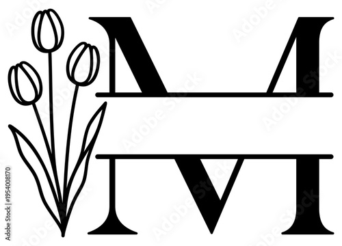 M Split Letter Border | Alphabet Monogram Frame | Decorative Vector Floral Design
