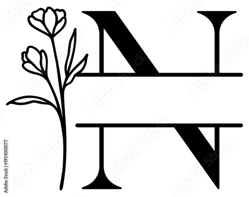 N Split Letter Border | Alphabet Monogram Frame | Decorative Vector Floral Design