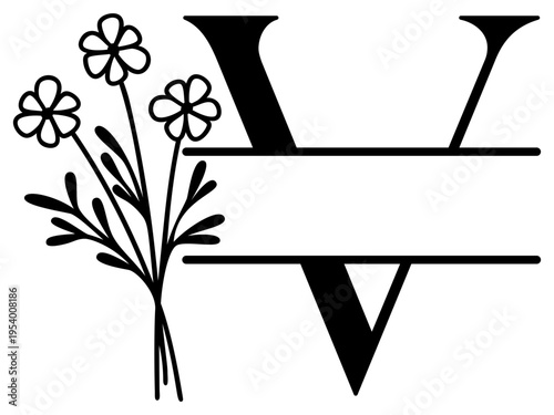 V Split Letter Border | Alphabet Monogram Frame | Decorative Vector Floral Design