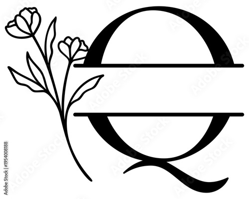 Q Split Letter Border | Alphabet Monogram Frame | Decorative Vector Floral Design