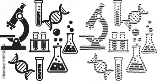 Collection of scientific laboratory tools and molecular structures in black and white