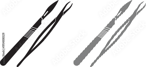 Medical tweezers and surgical suture with needle displayed on a plain background