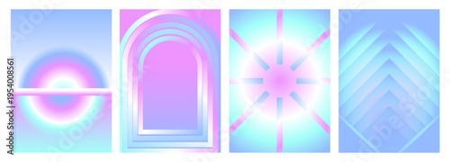 Holographic gradient background set with pastel mesh colors, soft neon glow shapes. Futuristic posters, banners, UI design templates. 