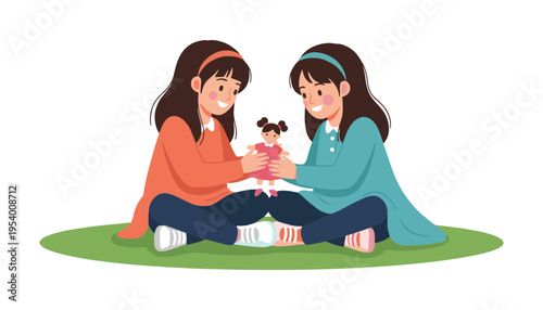 Two little girls playing with a doll on the grass outdoors