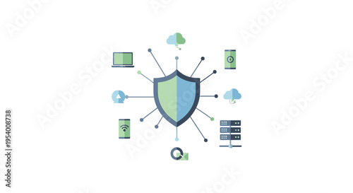 Digital Security Shield Protecting Network Devices, Cloud Computing, and Data Servers. Centralized Cybersecurity Infrastructure Concept Vector Illustration.