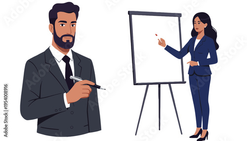Businessman and businesswoman in a meeting with a presentation board