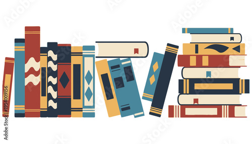 A colorful illustration of books stacked in a creative arrangement