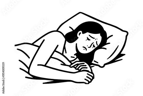 Woman lying in bed with tears on her face, black and white line art style, isolated on white, symbolizing sadness and emotional distress