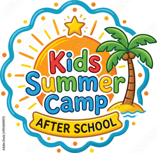 Colorful kids summer camp and after school program logo vector with tropical palm tree sun and star