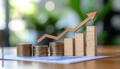 Financial Growth Concept with Rising Coin Stacks, Bar Chart and Upward Arrow Symbolizing Investment Success and Economic Progress