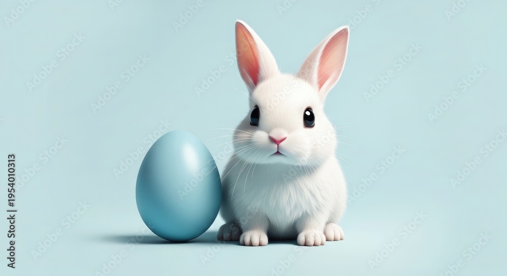 Fototapeta premium Easter sunday celebration with adorable white bunny and blue easter egg