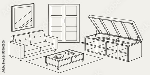 A spacious living room with a sofa, coffee table, and a storage bench.