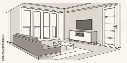 A spacious living room with large windows and a modern entertainment setup