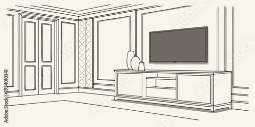 A minimalist living room with a large flat screen television and a vase on a stand.