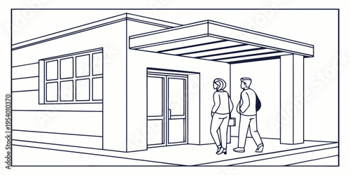 Two individuals walking towards the entrance of a modern building with a covered walkway
