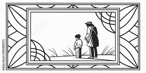 A man and a child standing in a field with a painting frame around them.