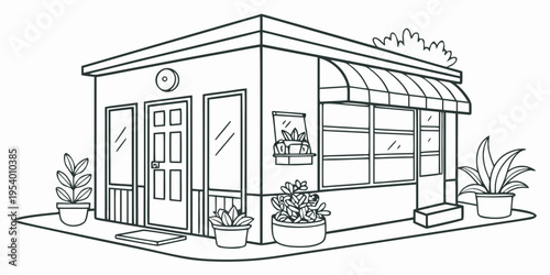 A charming small shop with a striped awning and potted plants on display