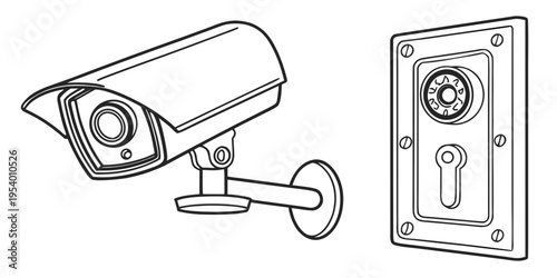 A surveillance camera and a door lock illustrating home security measures.