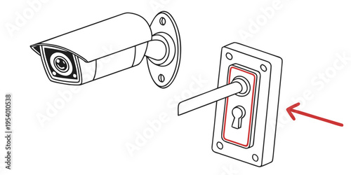 A security camera and a smart lock on a door with a red arrow pointing to the lock.