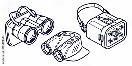 A collection of binoculars and a camera set on a table.