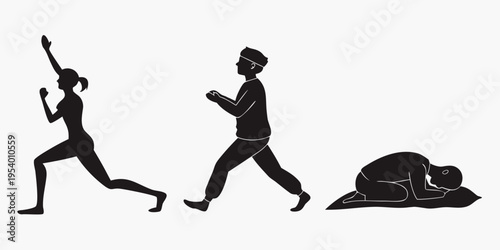 Silhouettes of people engaging in various activities and a sleeping figure