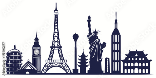 Iconic landmarks from around the world depicted in a single illustration