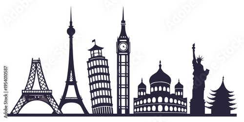 Iconic landmarks from around the world depicted in a minimalist black and white illustration.