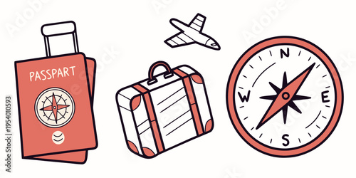 Travel essentials including passport, luggage, and compass for navigation