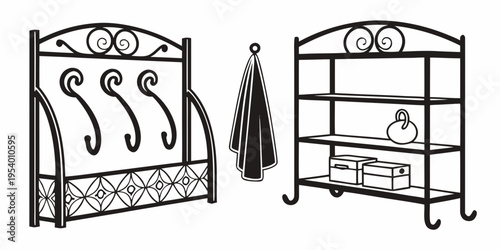 Antique style metal bed frame and matching bookshelf with intricate designs