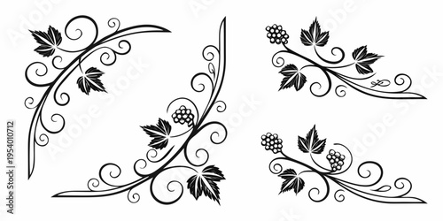 Intricate black and white floral designs with swirling patterns and leaves