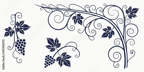 Elegant blue floral and vine decorative border design with grape clusters