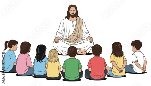 Jesus Christ illustration teaching a group of children in a cartoon style