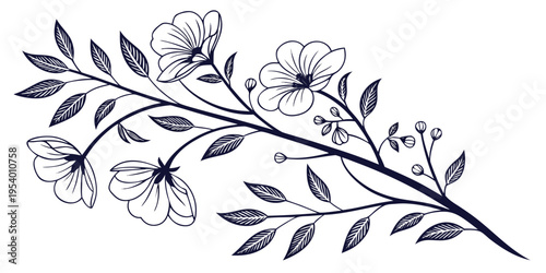 Delicate floral branch with white blossoms and green leaves