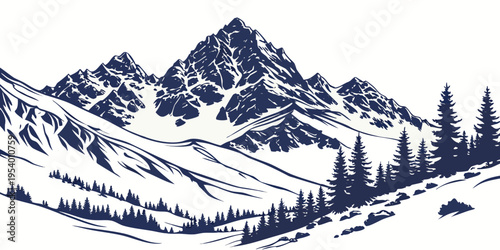Majestic mountain range with snow-capped peaks and dense forest below