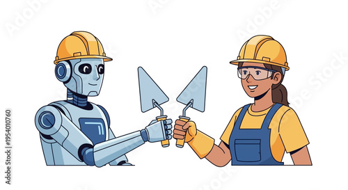 Human Female Construction Worker and Robot Collaborating with Trowels, Future of Industry and AI Partnership Illustration on White Background