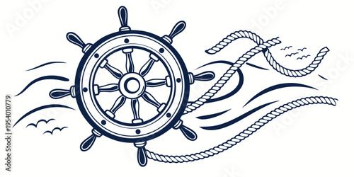 A detailed illustration of a ship's wheel with flowing waves in the background.